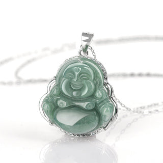 Buddha Gift 925 Sterling Silver Laughing Buddha Jade Abundance Necklace Chain Pendant