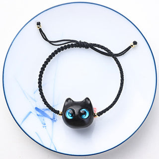 Buddha Gift Small Leaf Red Sandalwood Ebony Wood Cute Cat Head Calm Protection Braided Bracelet