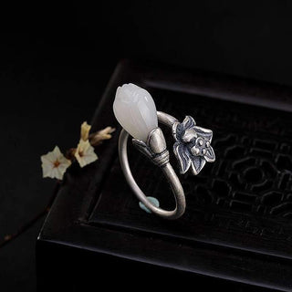 Buddha Gift Jade Lotus Copper Balance Healing Adjustable Ring