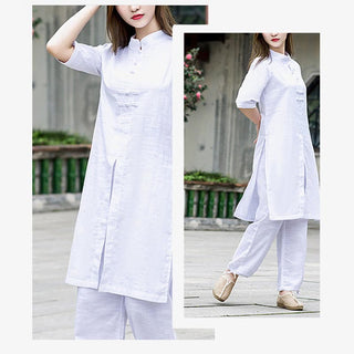 Buddha Gift 2Pcs Half Sleeve Shirt Top Pants Meditation Zen Tai Chi Linen Clothing Women's Set