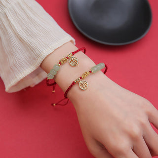 Buddha Gift Handcrafted Jade Bead Fu Character Charm Luck Red Rope Bracelet
