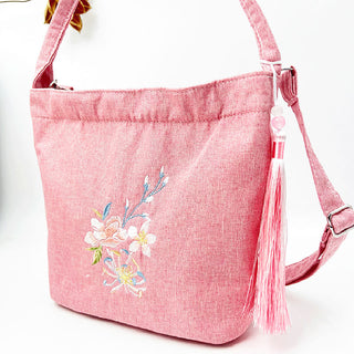 Buddha Gift Embroidery Wisteria Plum Lotus Cherry Blossom Cotton Linen Canvas Tote Crossbody Bag Shoulder Bag Handbag