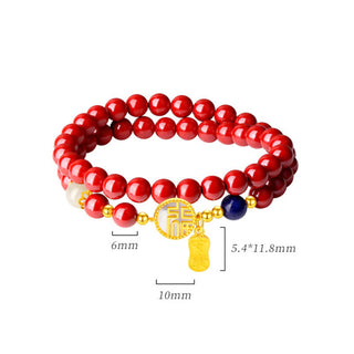 Buddha Gift 925 Sterling Silver Cinnabar Tridacna Stone Fu Character Double Wrap Blessing Bracelet