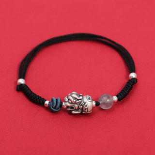 Buddha Gift 999 Sterling Silver PiXiu Strawberry Quartz Bead Wealth Luck Braided Bracelet