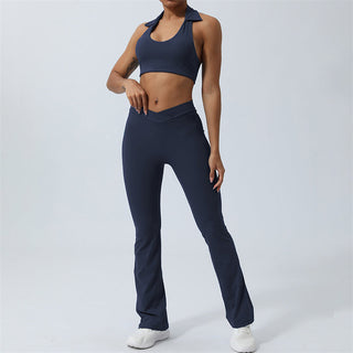 Buddha Gift 2Pcs Workout Sleeveless Backless Top Shorts Flared Pants Sports Fitness Yoga Outfit Set