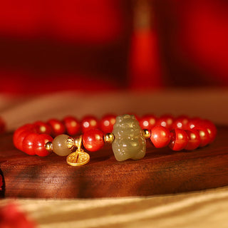 Buddha Gift 925 Sterling Silver Year of the Dragon Natural Cinnabar Hetian Jade Dragon Fu Character Ruyi As One Wishes Charm Blessing Bracelet (Extra 30% Off | USE CODE: FS30)