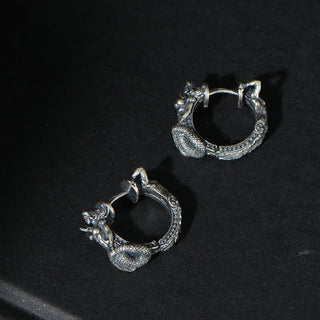 Buddha Gift 925 Sterling Silver Dragon Hoop Pattern Protection Earrings