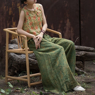 Buddha Gift Green Yellow Ramie Linen Flexible Waistband Wide Leg Pants With Pockets