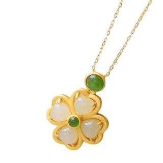 Buddha Gift 925 Sterling Silver Lucky Four Leaf Clover Jade Prosperity Necklace Chain Pendant