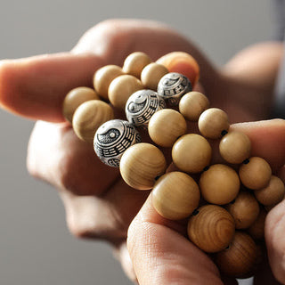 Buddha Gift Tibet Peach Wood Lotus Cinnabar Bagua Yin Yang Luck Wealth Bracelet