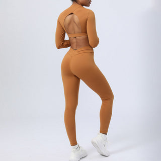 Buddha Gift 2Pcs Long Sleeve Backless Top Bra Leggings Pants Fitness Yoga Outfit Set