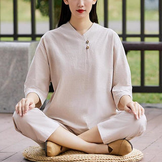 Buddha Gift 2Pcs Shirt Top Pants Meditation Zen Tai Chi Cotton Linen Clothing Women's Set
