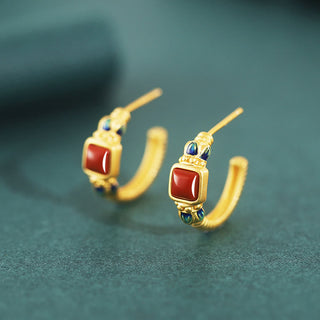 Buddha Gift 925 Sterling Silver Red Agate Lotus Confidence Calm Stud Earrings