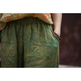 Buddha Gift Green Yellow Ramie Linen Flexible Waistband Wide Leg Pants With Pockets