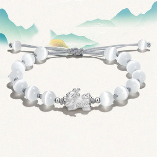 Buddha Gift Natural Black Obsidian Cat's Eye Pink Crystal PiXiu Strength Bracelet