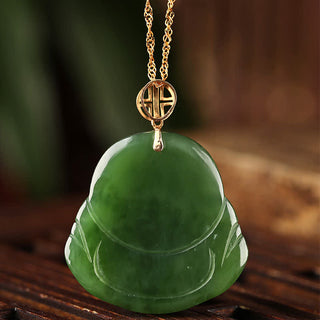 Buddha Gift 925 Sterling Silver Laughing Buddha Hetian Cyan Jade 18K Gold Success Necklace Chain Pendant