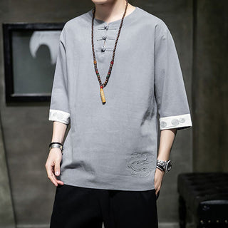 Buddha Gift Frog-Button Dragon Embroidery Chinese Tang Suit Three Quarter Sleeve Shirt Cotton Linen Men Clothing