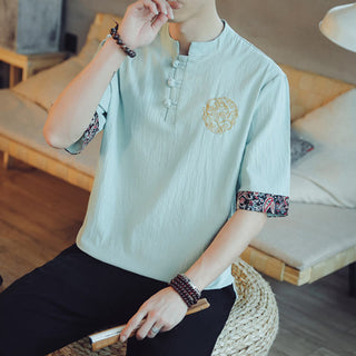 Buddha Gift Frog-Button Dragon Embroidery Chinese Tang Suit Short Sleeve Shirt Linen Men Clothing