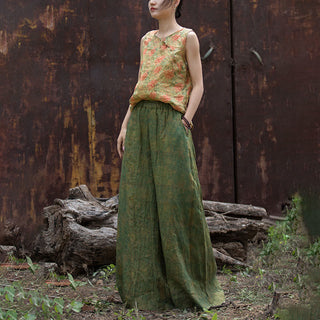 Buddha Gift Green Yellow Ramie Linen Flexible Waistband Wide Leg Pants With Pockets