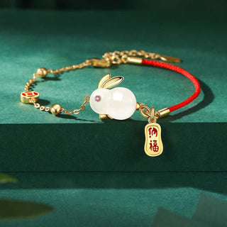 Buddha Gift Year of the Rabbit White Jade Happiness Red String Chain Bracelet