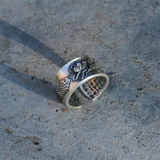 Buddha Gift 999 Sterling Silver Luck Koi Fish Lotus Heart Sutra Wealth Ring