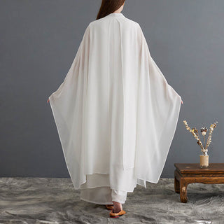 Buddha Gift 2Pcs Frog-Button Long Sleeve Midi Dress Wide Leg Pants Chiffon Zen Women's Set