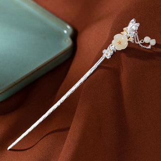 Buddha Gift 925 Sterling Silver Hetian White Jade Flower Blessing Hairpin