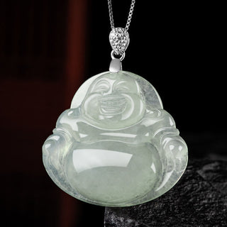 Buddha Gift 925 Sterling Silver Natural Jade Laughing Buddha Prosperity Abundance Chain Necklace Pendant