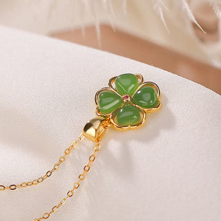 Buddha Gift 925 Sterling Silver Hetian Cyan Jade Lucky Four Leaf Clover Healing Necklace Pendant