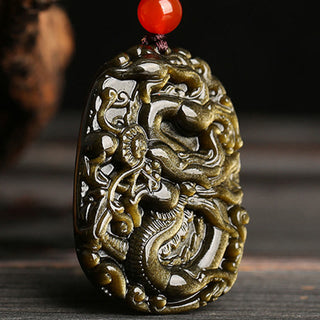 Buddha Gift Gold Sheen Obsidian Dragon Pattern Success Necklace Pendant