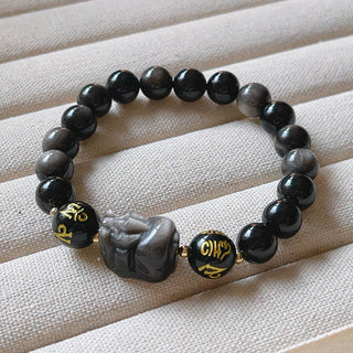 Buddha Gift Natural Silver Sheen Obsidian Black Obsidian Om Mani Padme Hum Pixiu Protection Bracelet