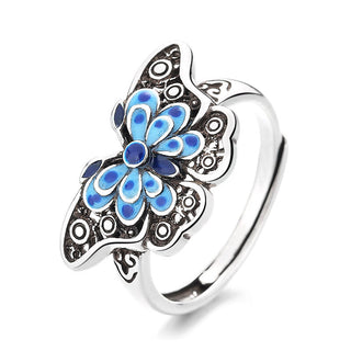 Buddha Gift Hollow Enamel Blue Butterfly Pattern Love Ring