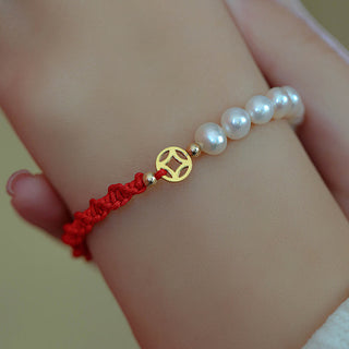 Buddha Gift 14K Gold Plated Pearl Bead Luck Protection Braid Red String Bracelet