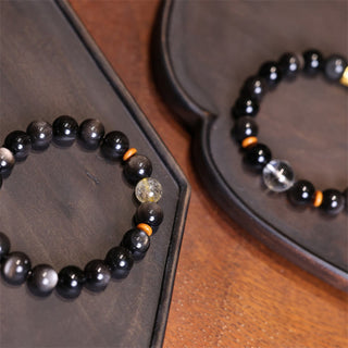 Buddha Gift Natural Silver Sheen Obsidian Crystal Om Mani Padme Hum Bead Protection Bracelet