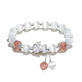 Buddha Gift Natural Cat's Eye Moonstone Strawberry Quartz PiXiu Support Bracelet