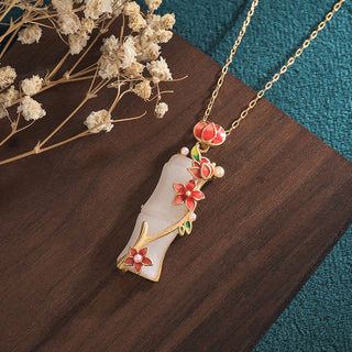 Buddha Gift White Jade Bamboo Lotus Flowers Luck Protection Necklace Pendant