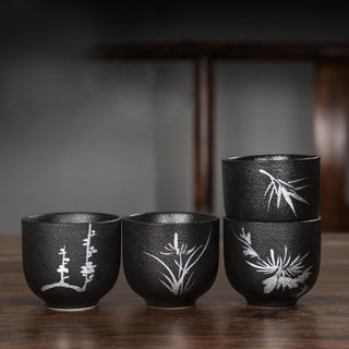 Buddha Gift Hand Painted Lotus Flower Bamboo Chrysanthemum Black Pottery Ceramic Teacup Kung Fu Tea Cup 95ml