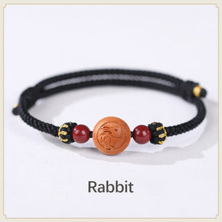 Buddha Gift Natural Peach Wood Chinese Zodiac Fu Character Carved Cinnabar Wealth Bracelet
