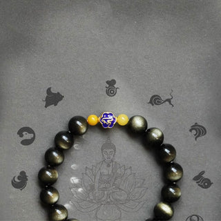 Buddha Gift 925 Sterling Silver Chinese Zodiac Natal Buddha Natural Gold Sheen Obsidian Amber Wealth Protection Bracelet