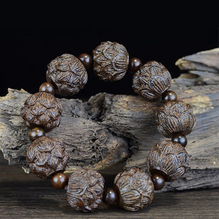 Buddha Gift Ebony Wood Eighteen Arhats Lotus Dragon Engraved Balance Bracelet
