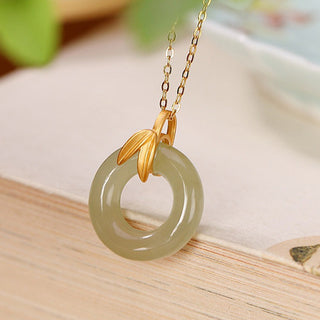Buddha Gift 925 Sterling Silver Cyan Jade Peace Buckle Bamboo Leaf Harmony Necklace Pendant