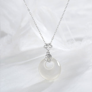 Buddha Gift 925 Sterling Silver White Agate Fu Character Happiness Luck Necklace Pendant