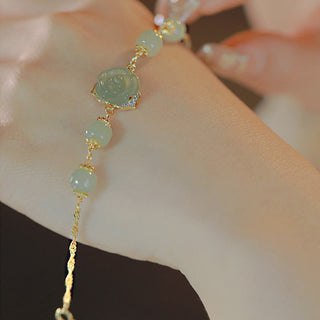 Buddha Gift 14K Gold Plated Hetian Jade Rose Flower Luck Chain Bracelet