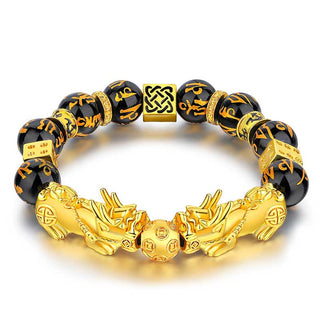 Buddha Gift FengShui Double PiXiu Obsidian Om Mani Padme Hum Wealth Bracelet