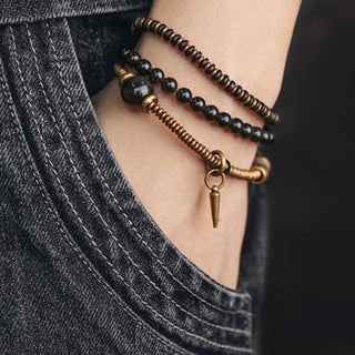 Buddha Gift Rainbow Obsidian Ebony Wood Copper Healing Triple Wrap Bracelet