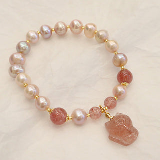 Buddha Gift Natural Pearl Strawberry Quartz Cute Fox Love Healing Charm Bracelet