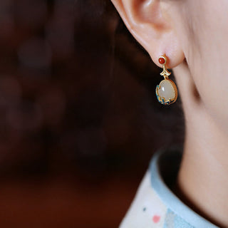 Buddha Gift Vintage Jade Red Agate Abundance Copper Drop Earrings