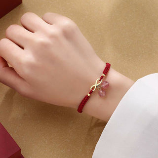 Buddha Gift Strawberry Quartz Crystal Endless Knot Love Healing Red String Weave Bracelet