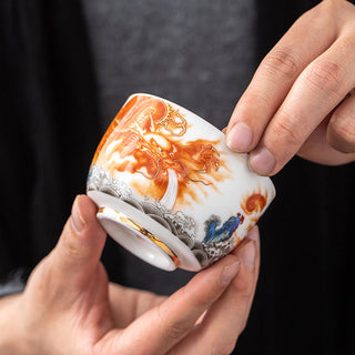 Buddha Gift Dragon Phoenix Crane Sun Ocean Waves Gilt Ceramic Teacup Kung Fu Tea Cup 170ml