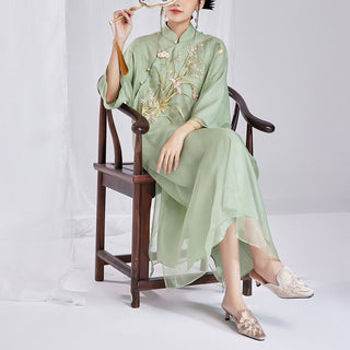 Buddha Gift 100% Mulberry Silk 6 Momme Dress Vintage Flower Butterfly Embroidery Qipao Dress Women's Cheongsam Dress